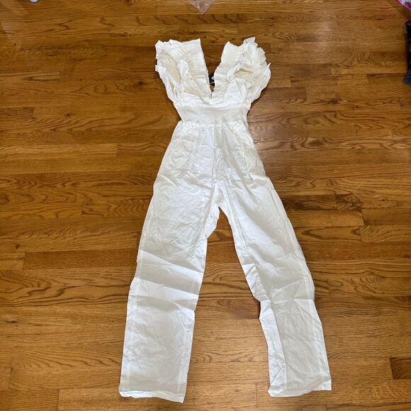 White Ruffled Sleeve Jumpsuit Summer Small - Picture 2 of 5